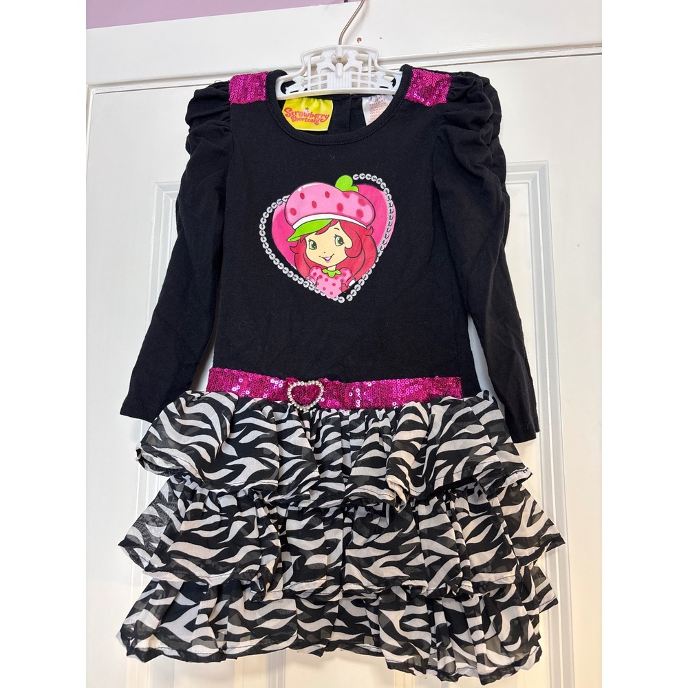 Strawberry Shortcake Girls Black Zebra Print Sequin Tutu Dress‎ 4T Long Sleeve